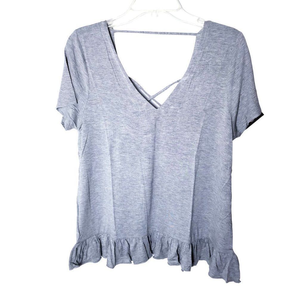 NEW Chaser Womens Size Medium Gray Strappy Back Ruffle Hem Short Sleeve Top - Picture 2 of 10